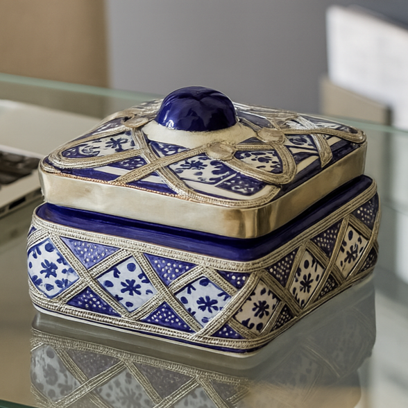 Handmade Moroccan Ceramic Jewelry Box – White Clay & Silver Nickel Detailing
