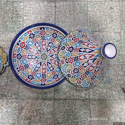 Handmade Moroccan Fes Tagine – Blue & White Hand-Painted Ceramic Serving Tagine