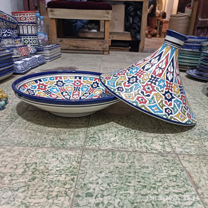Handmade Moroccan Fes Tagine – Blue & White Hand-Painted Ceramic Serving Tagine