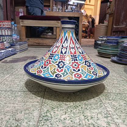 Handmade Moroccan Fes Tagine – Blue & White Hand-Painted Ceramic Serving Tagine