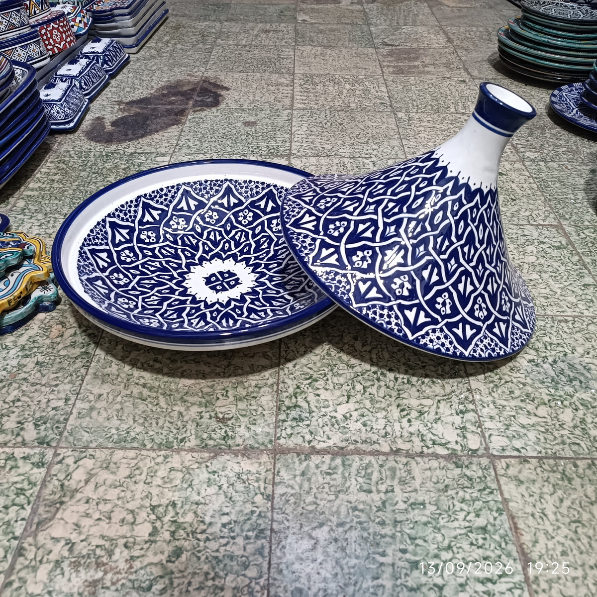 Handmade Moroccan Fes Tagine – Blue & White Hand-Painted Ceramic Serving Tagine