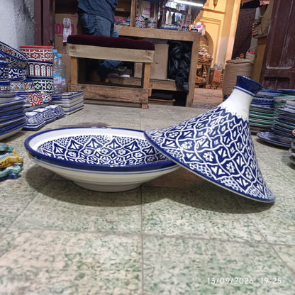 Handmade Moroccan Fes Tagine – Blue & White Hand-Painted Ceramic Serving Tagine