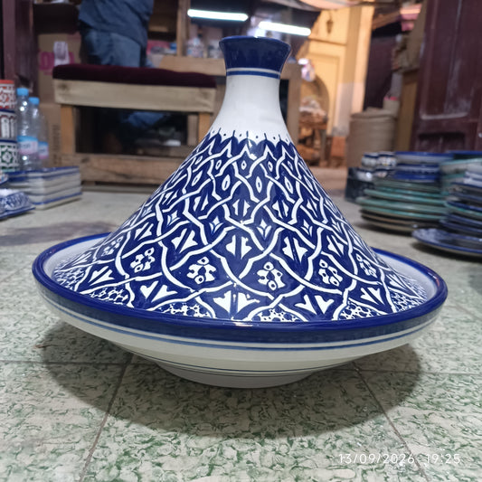 Handmade Moroccan Fes Tagine – Blue & White Hand-Painted Ceramic Serving Tagine