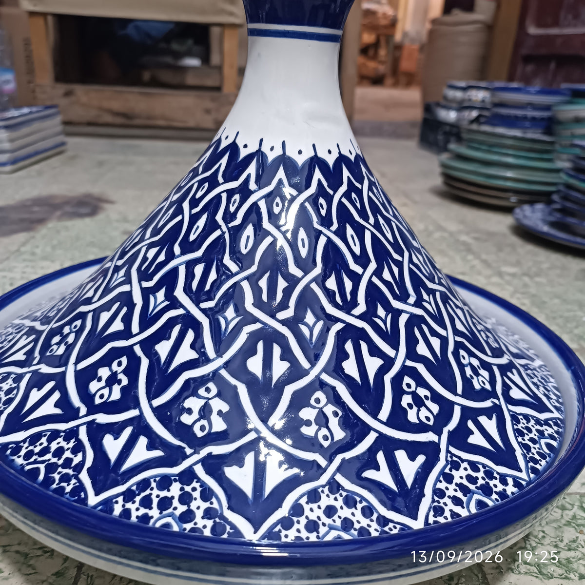 Handmade Moroccan Fes Tagine – Blue & White Hand-Painted Ceramic Serving Tagine