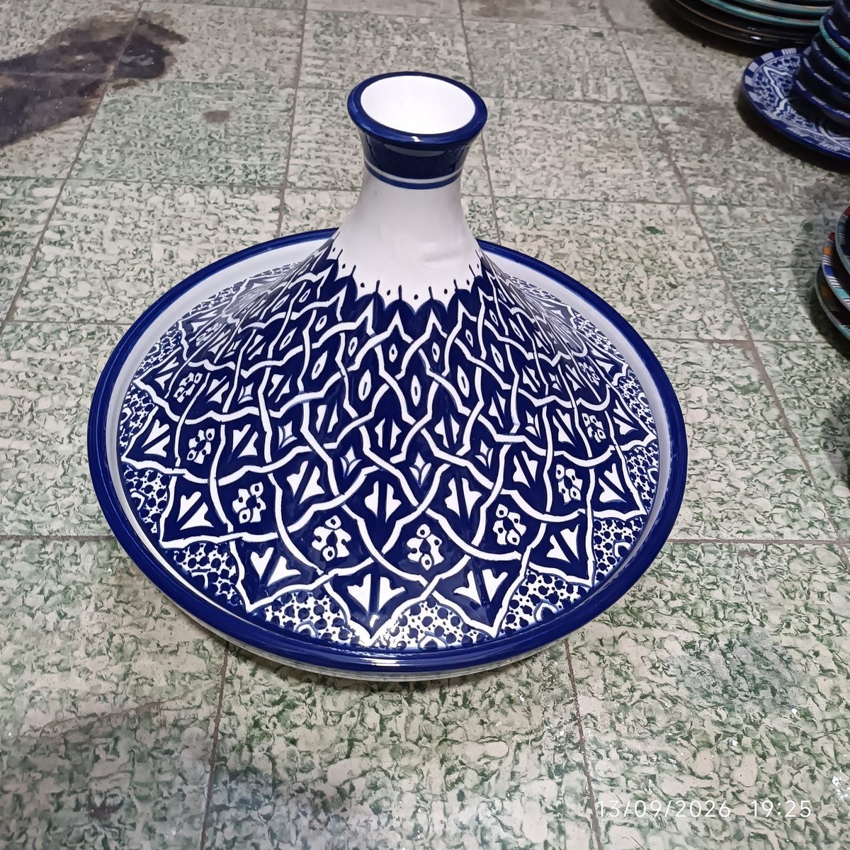 Handmade Moroccan Fes Tagine – Blue & White Hand-Painted Ceramic Serving Tagine