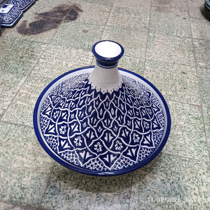 Handmade Moroccan Fes Tagine – Blue & White Hand-Painted Ceramic Serving Tagine