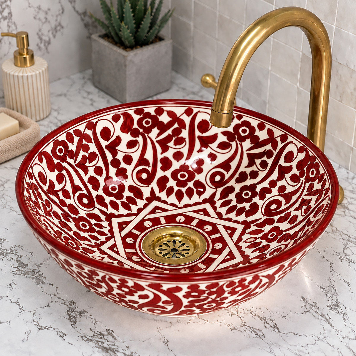 Hand-Painted Moroccan Ceramic Sink – Black & White Floral Vessel Basin