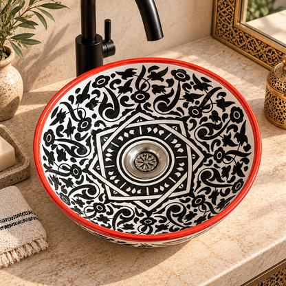 Hand-Painted Moroccan Ceramic Sink – Black & White Floral Design with Red Rim