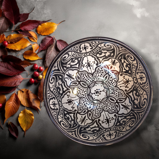 Moroccan Ceramic Decorative bowl – black & White handmade and hand painted