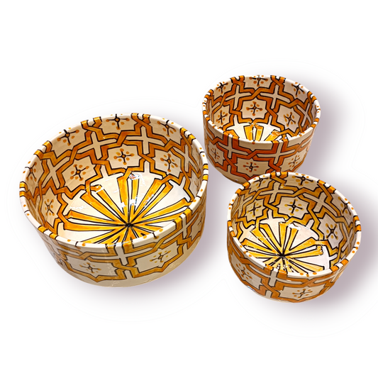 Moroccan fez pottery Ceramic 4 Bowls Set – Yellow Hand-Painted Geometric Design
