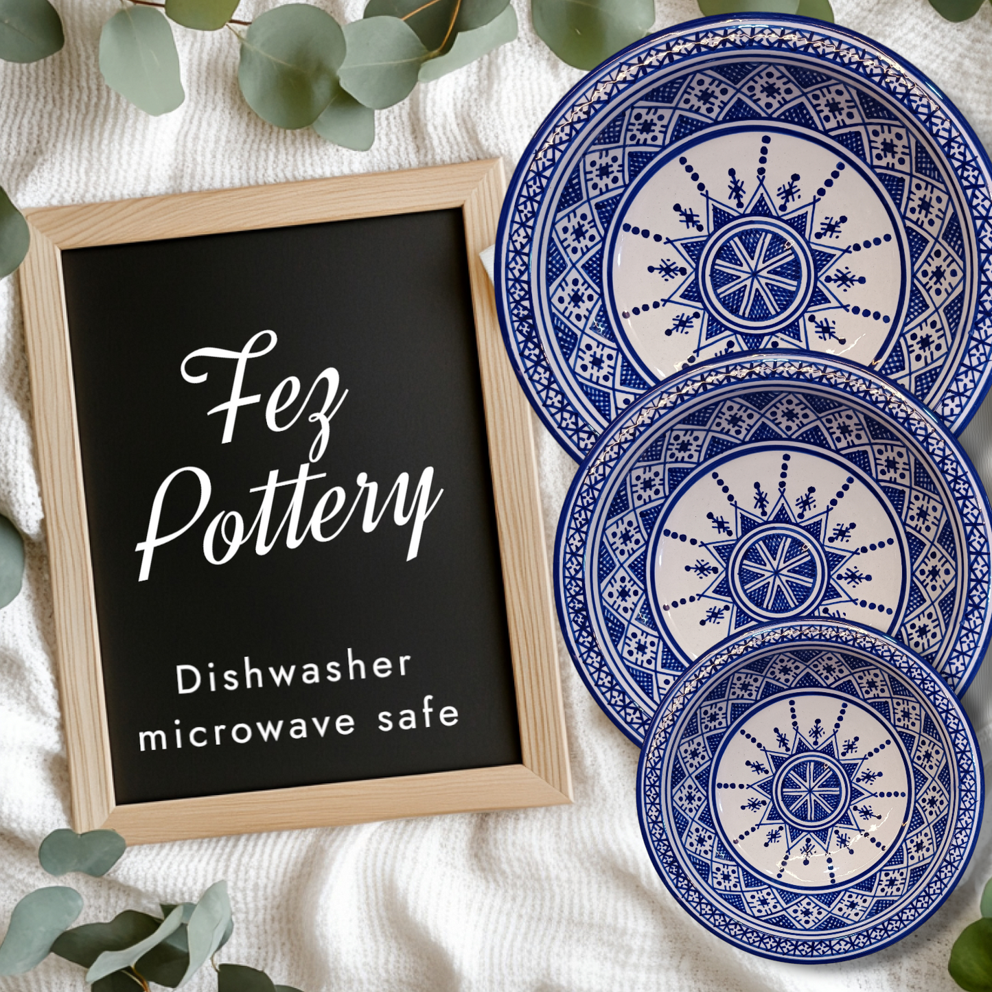 Serving plates made of white clay, hand-painted and hand-decorated.