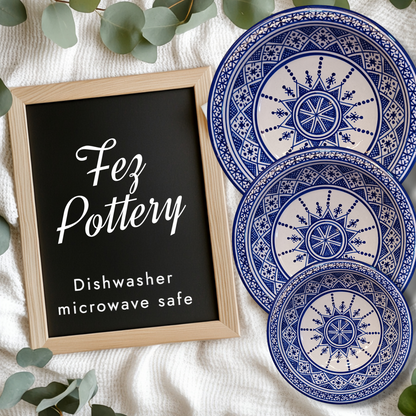 Serving plates made of white clay, hand-painted and hand-decorated.