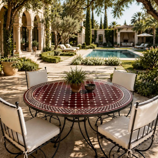 Handmade Moroccan Mosaic Table – Burgundy Red & White Zellige Table