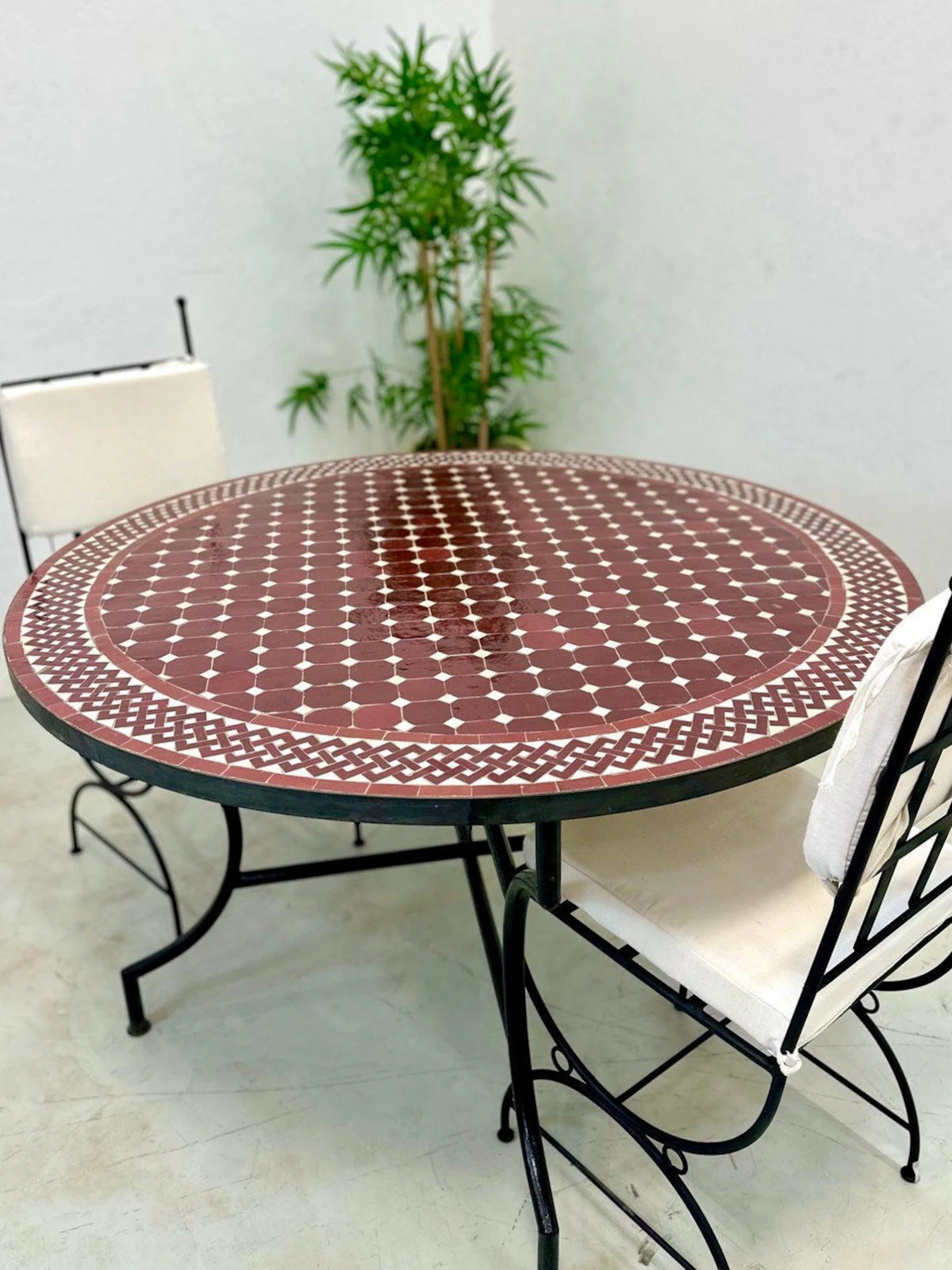 Handmade Moroccan Mosaic Table – Burgundy Red & White Zellige Table