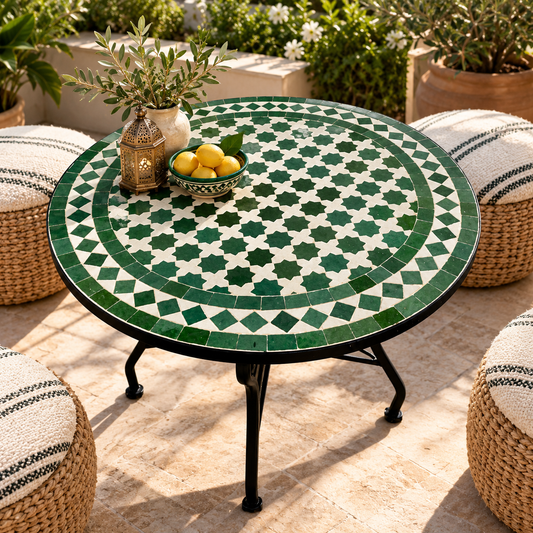 Handmade Moroccan Green Mosaic Table – Round Zellige Patio & Garden Table