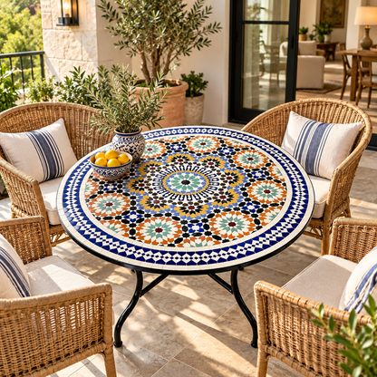 Handmade Moroccan Mosaic Table – Round Fassi Zellige Outdoor Patio Table