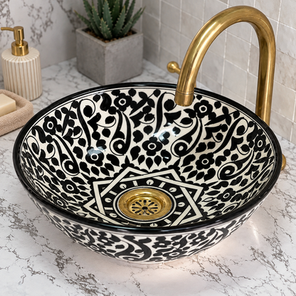 Hand-Painted Moroccan Ceramic Sink – Black & White Floral Vessel Basin