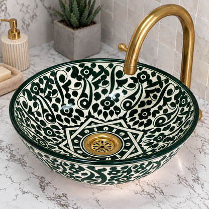 Hand-Painted Moroccan Ceramic Sink – Black & White Floral Vessel Basin