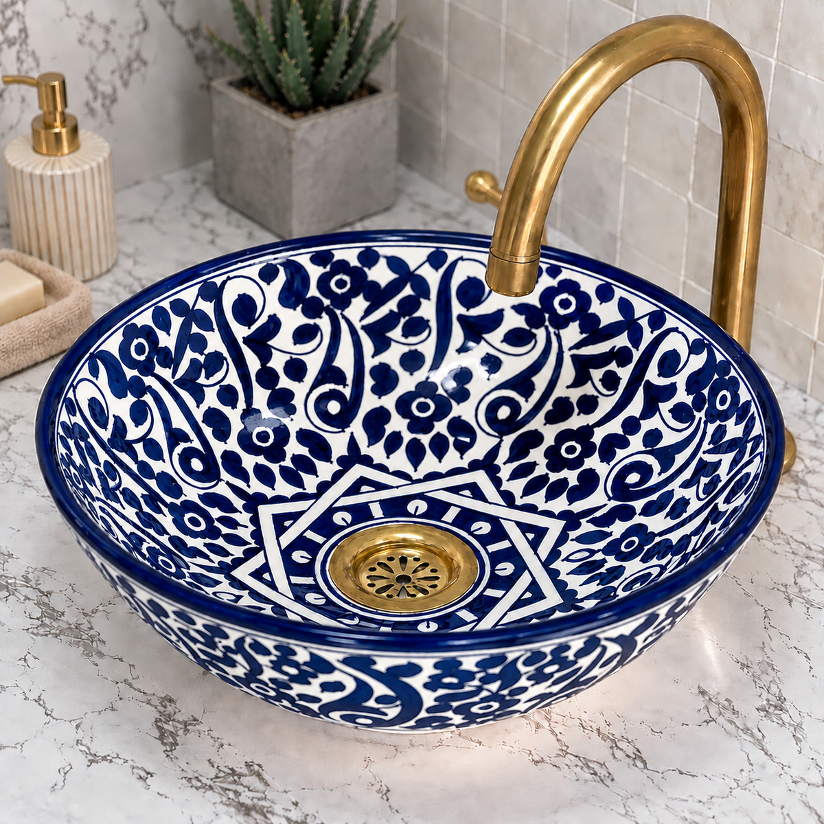 Hand-Painted Moroccan Ceramic Sink – Black & White Floral Vessel Basin