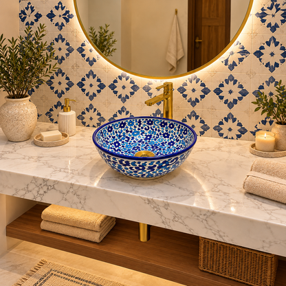 Hand-Painted Moroccan Ceramic Bathroom Sink – Blue & White Floral Vessel Basin