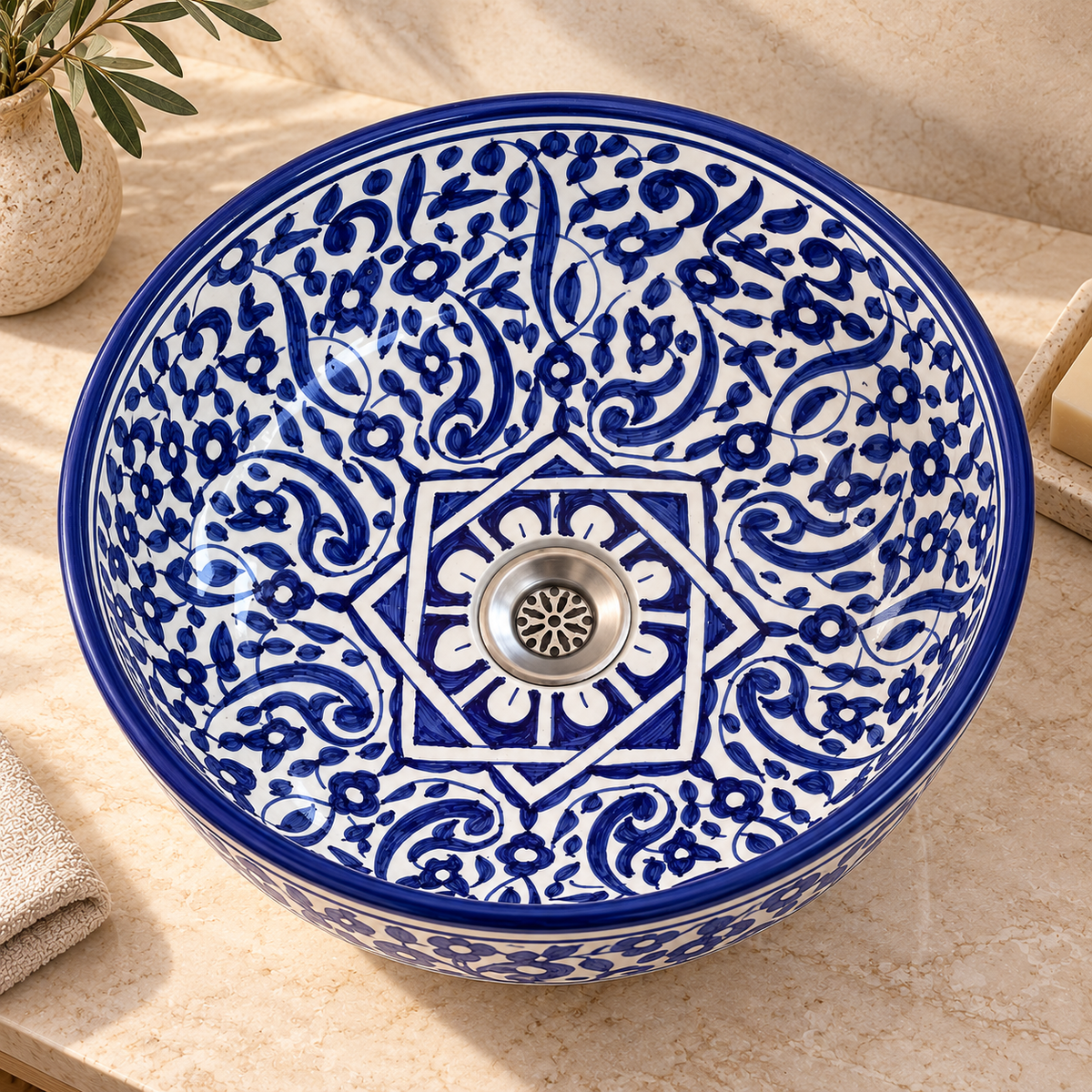 Hand-Painted Moroccan Ceramic Bathroom Sink – Blue & White