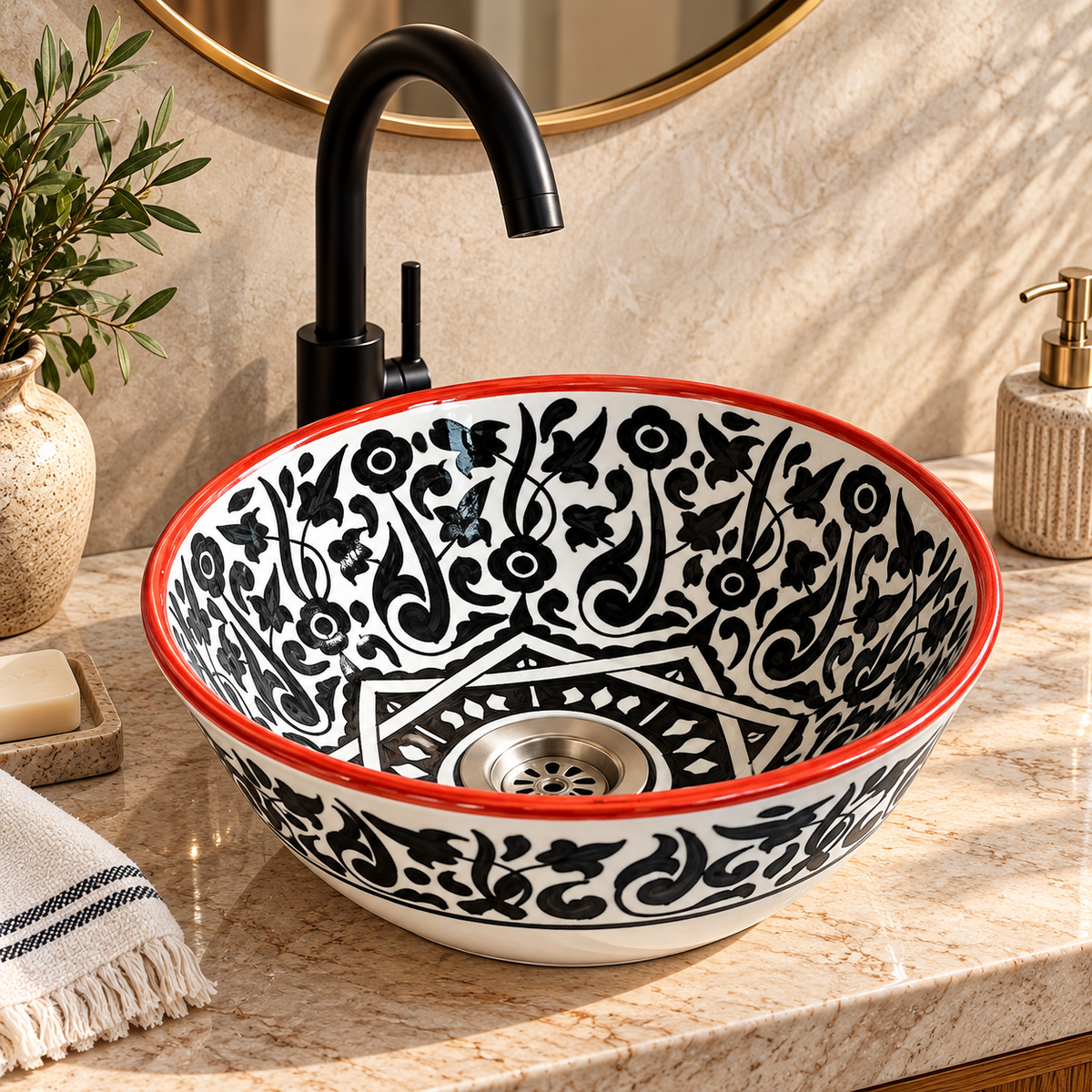 Hand-Painted Moroccan Ceramic Sink – Black & White Floral Design with Red Rim
