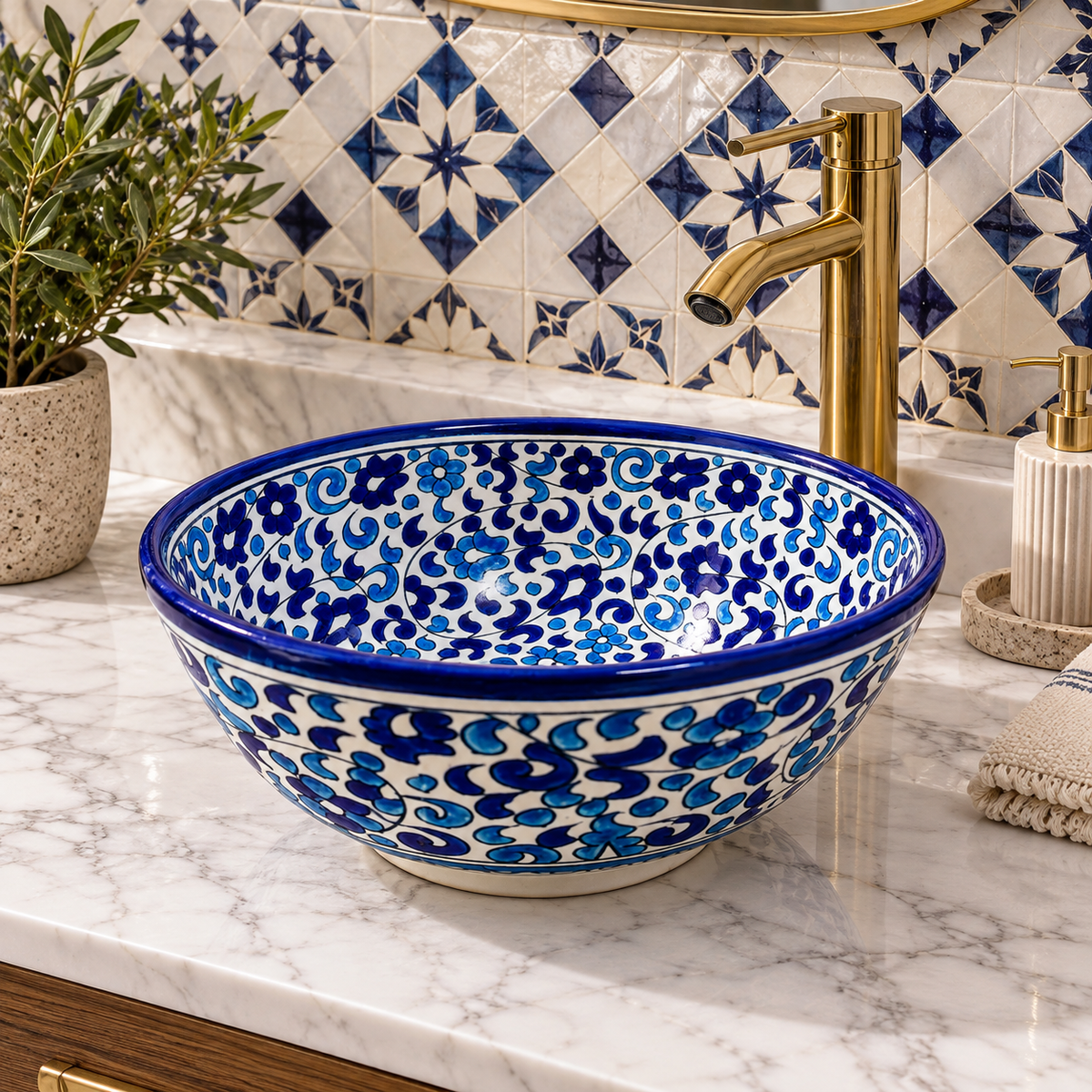 Hand-Painted Moroccan Ceramic Bathroom Sink – Blue & White Floral Vessel Basin