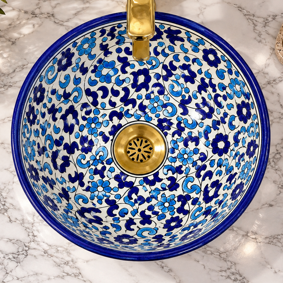 Hand-Painted Moroccan Ceramic Bathroom Sink – Blue & White Floral Vessel Basin