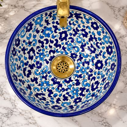 Hand-Painted Moroccan Ceramic Bathroom Sink – Blue & White Floral Vessel Basin