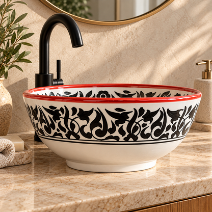 Hand-Painted Moroccan Ceramic Sink – Black & White Floral Design with Red Rim
