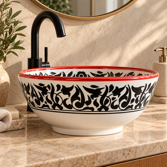 Hand-Painted Moroccan Ceramic Sink – Black & White Floral Design with Red Rim