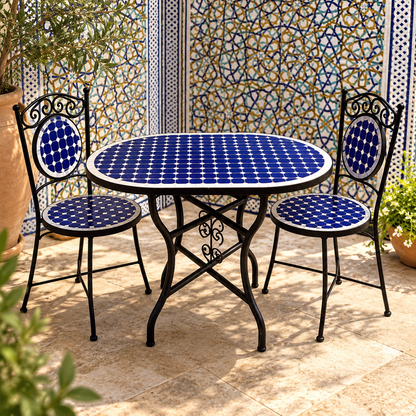 Handmade Moroccan oval  Mosaic Table – Blue & White Zellige Patio Table