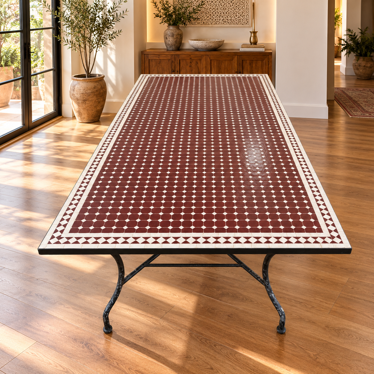 Handmade Moroccan Mosaic Dining Table – Burgundy & White Fassi Zellige