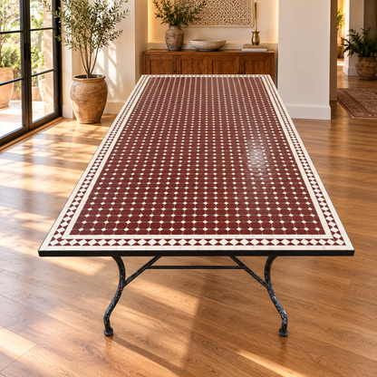 Handmade Moroccan Mosaic Dining Table – Burgundy & White Fassi Zellige