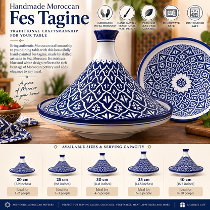 Handmade Moroccan Fes Tagine – Blue & White Hand-Painted Ceramic Serving Tagine