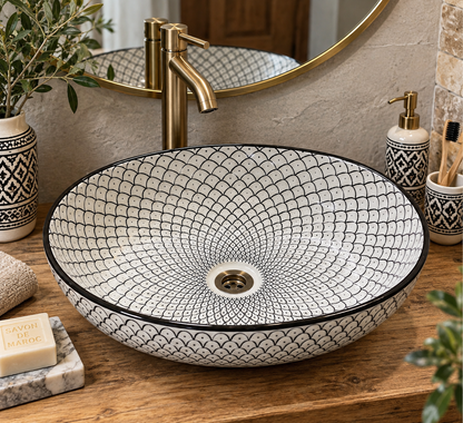 Moroccan Ceramic Vessel Sink – Green & Black & Gray Fish Scale Design