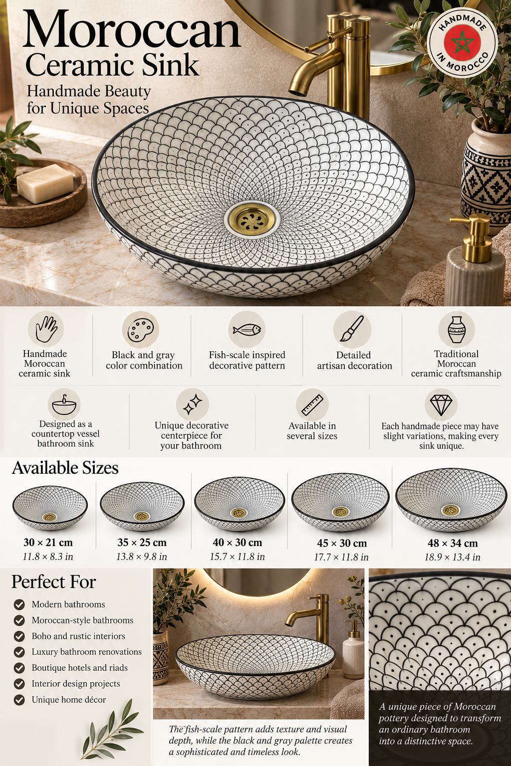 Moroccan Ceramic Vessel Sink – Green & Black & Gray Fish Scale Design