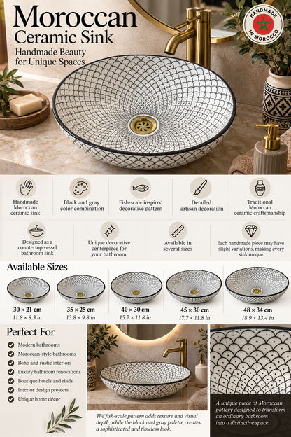 Moroccan Ceramic Vessel Sink – Green & Black & Gray Fish Scale Design
