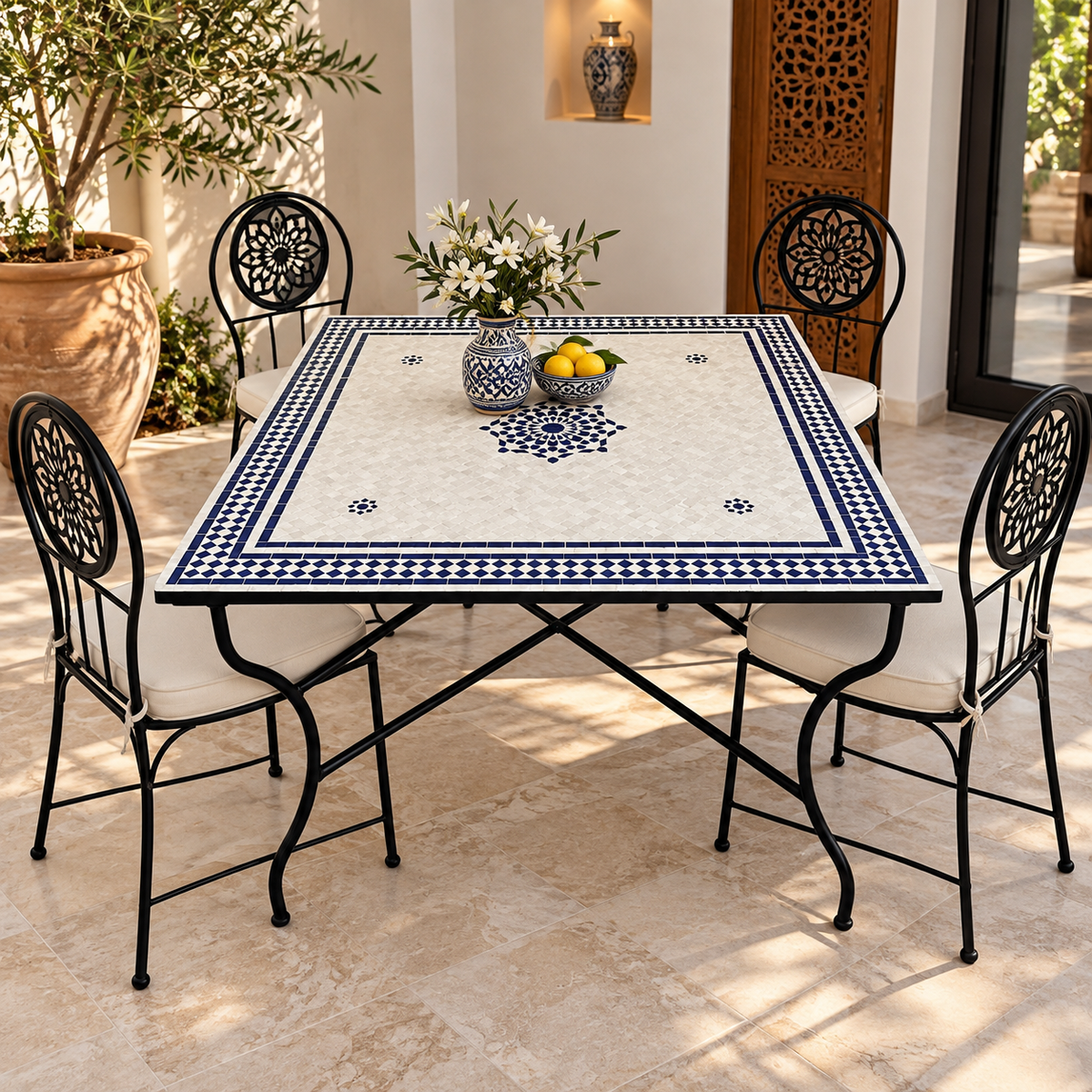 Moroccan Blue and White Zellige Mosaic Table – Handmade Fes Pottery