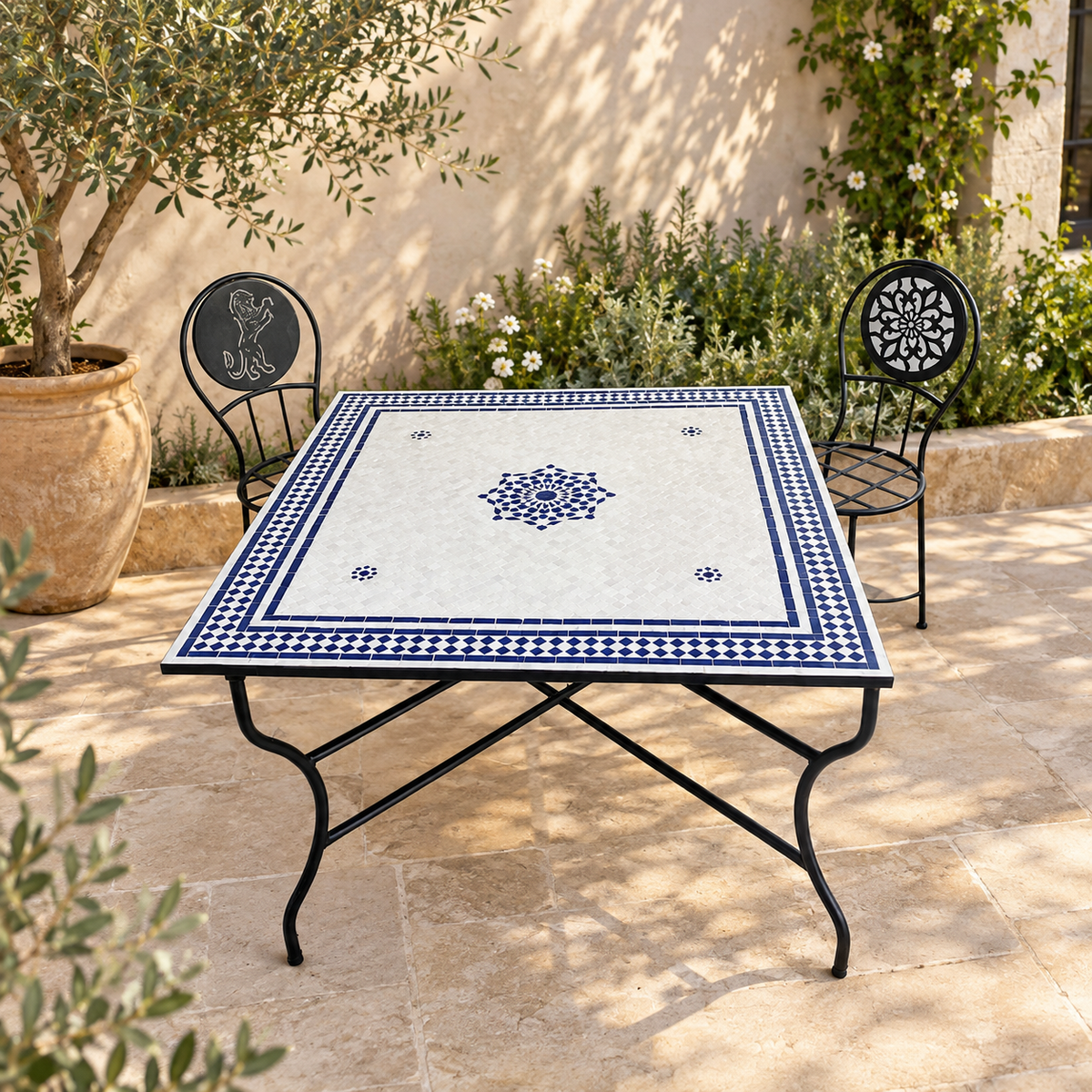 Moroccan Blue and White Zellige Mosaic Table – Handmade Fes Pottery