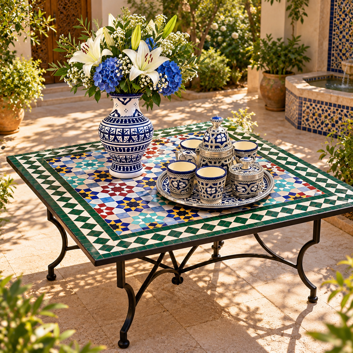 Handmade Moroccan Zellige Mosaic Table – Traditional Fes Ceramic Tile Table