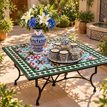 Handmade Moroccan Zellige Mosaic Table – Traditional Fes Ceramic Tile Table