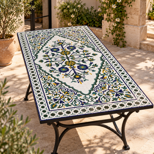 Handmade Moroccan Zellige Mosaic Table – Traditional Fes Floral Design