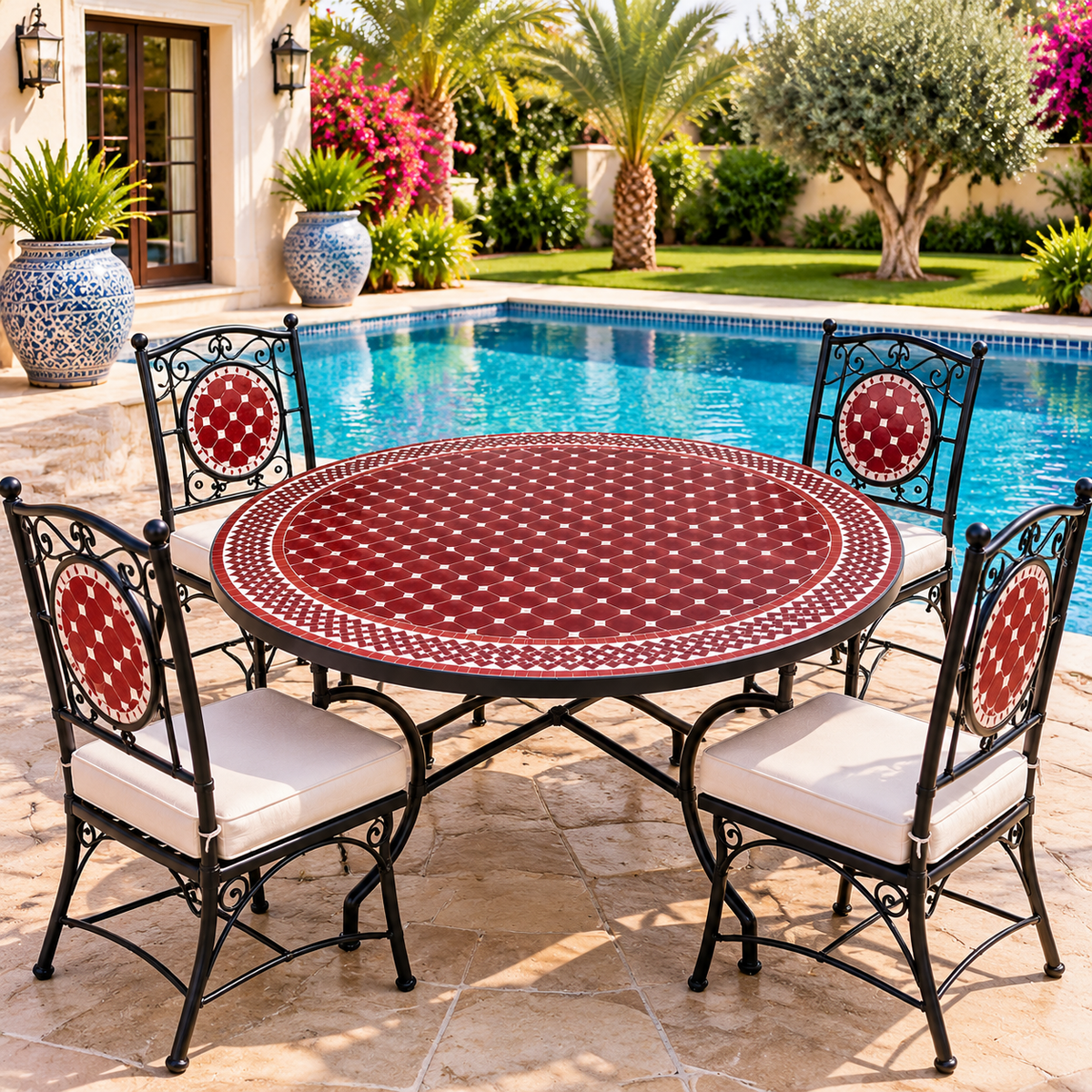 Handmade Moroccan Mosaic Table – Burgundy Red & White Zellige Table