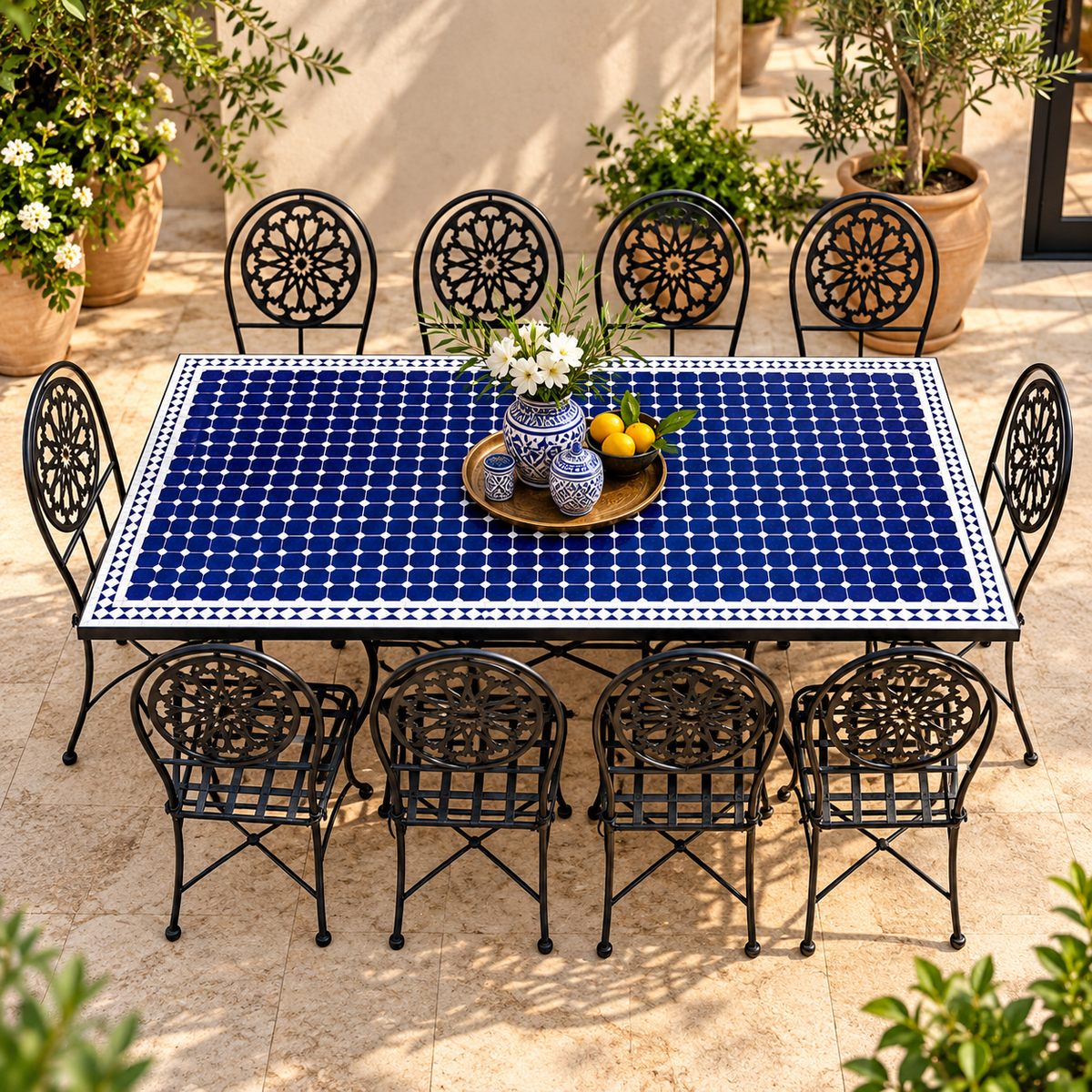 Moroccan Blue and White Zellige Mosaic Outdoor Dining Table – Handmade Fes Pottery