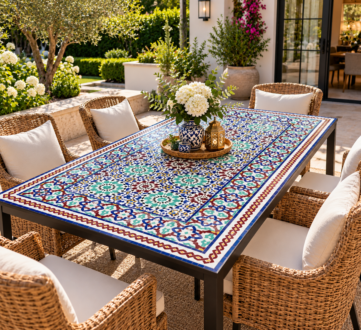 Handmade Moroccan Zellige Mosaic Table – Colorful Fassi Tile Outdoor Dining Table