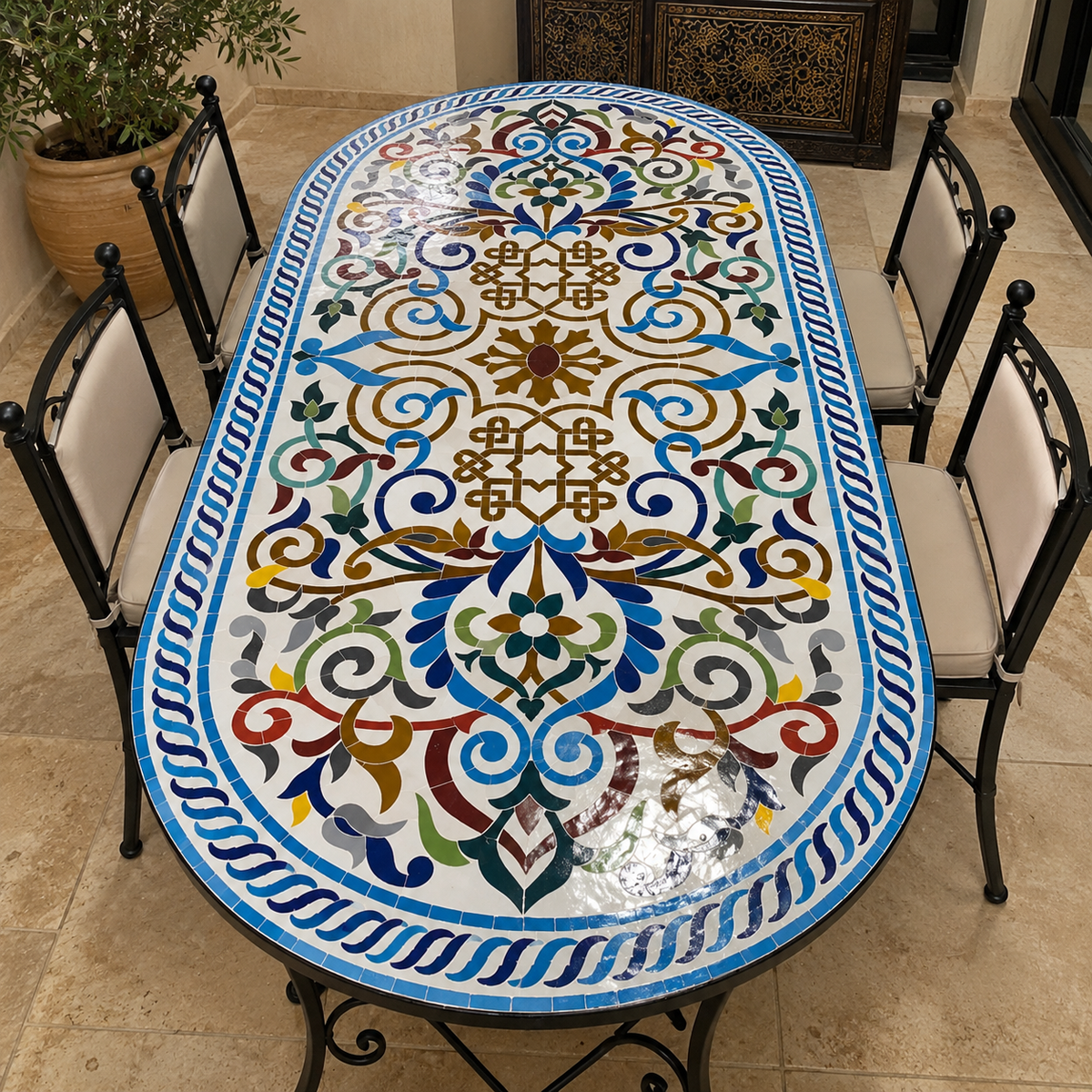 Handmade Moroccan Mosaic Table – Colorful Fes Ceramic Tile Table, Traditional Arabesque Design