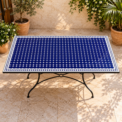 Moroccan Blue and White Zellige Mosaic Outdoor Dining Table – Handmade Fes Pottery
