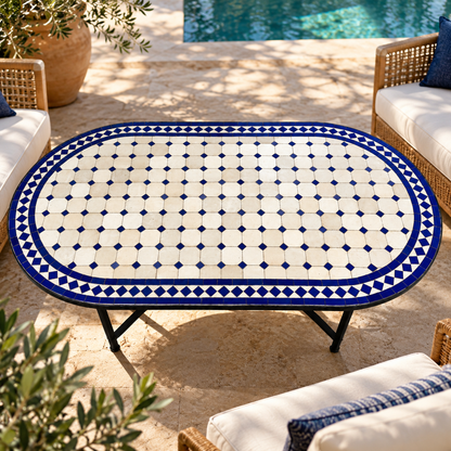 Moroccan fez pottery mosaic oval table – Blue & White Zellige Design
