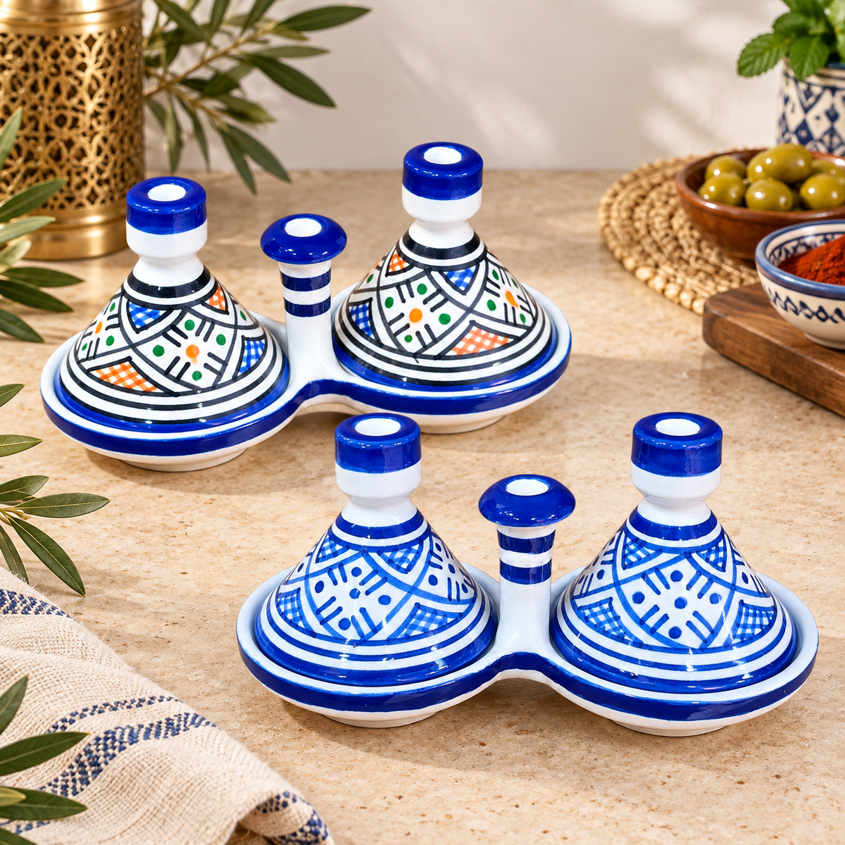 Handmade Moroccan Fes Spice Tagine Set – 2-Piece Ceramic Condiment Dishes